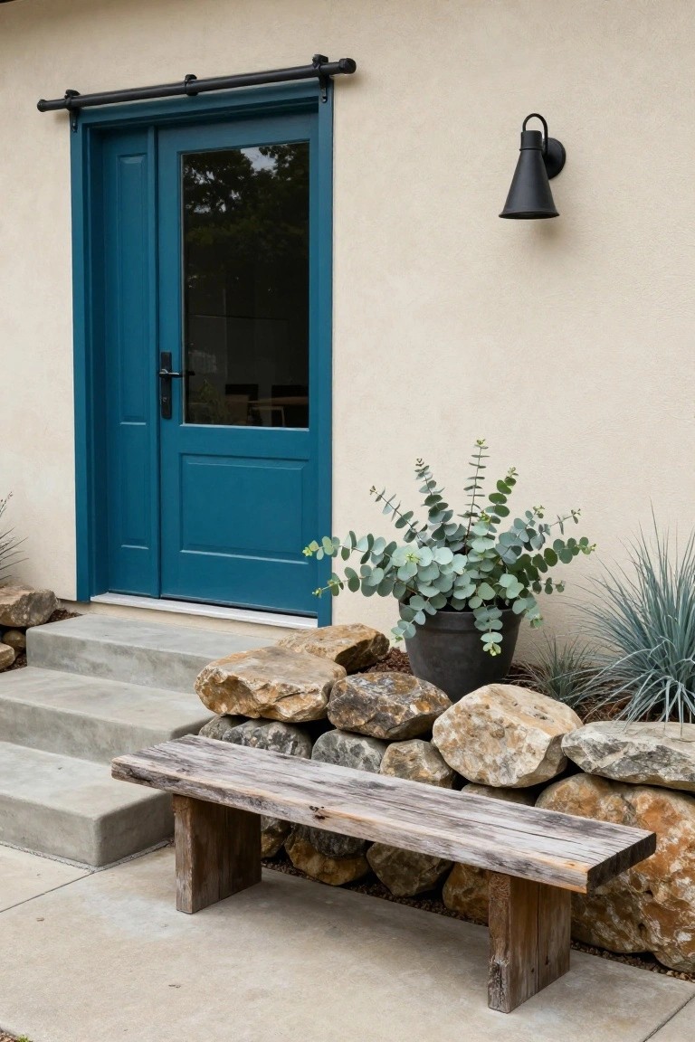 Beige stucco house wall with turquoise paneled barn-style front door, black wall sconce, potted silver dollar eucalyptus, agave plant beside rock retaining wall, weathered wooden bench, and concrete entry steps.