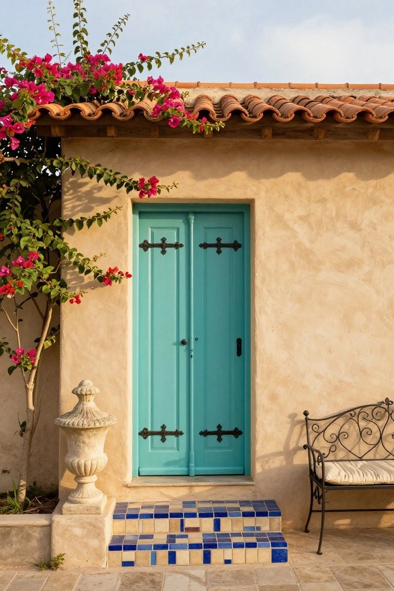 Turquoise double front door with wrought iron hinges on a beige stucco house wall, surrounded by pink bougainvillea vines, a stone urn planter, wrought iron bench, and blue and white tiled steps.