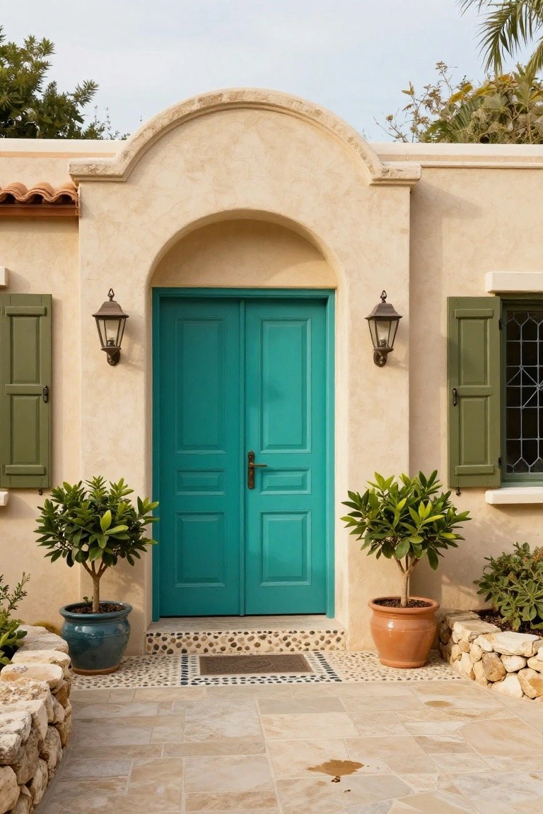 Beige stucco house facade featuring double turquoise front doors under an arched entryway, with green shutters, wall lanterns, potted boxwood plants, and a stone-paved pathway.
