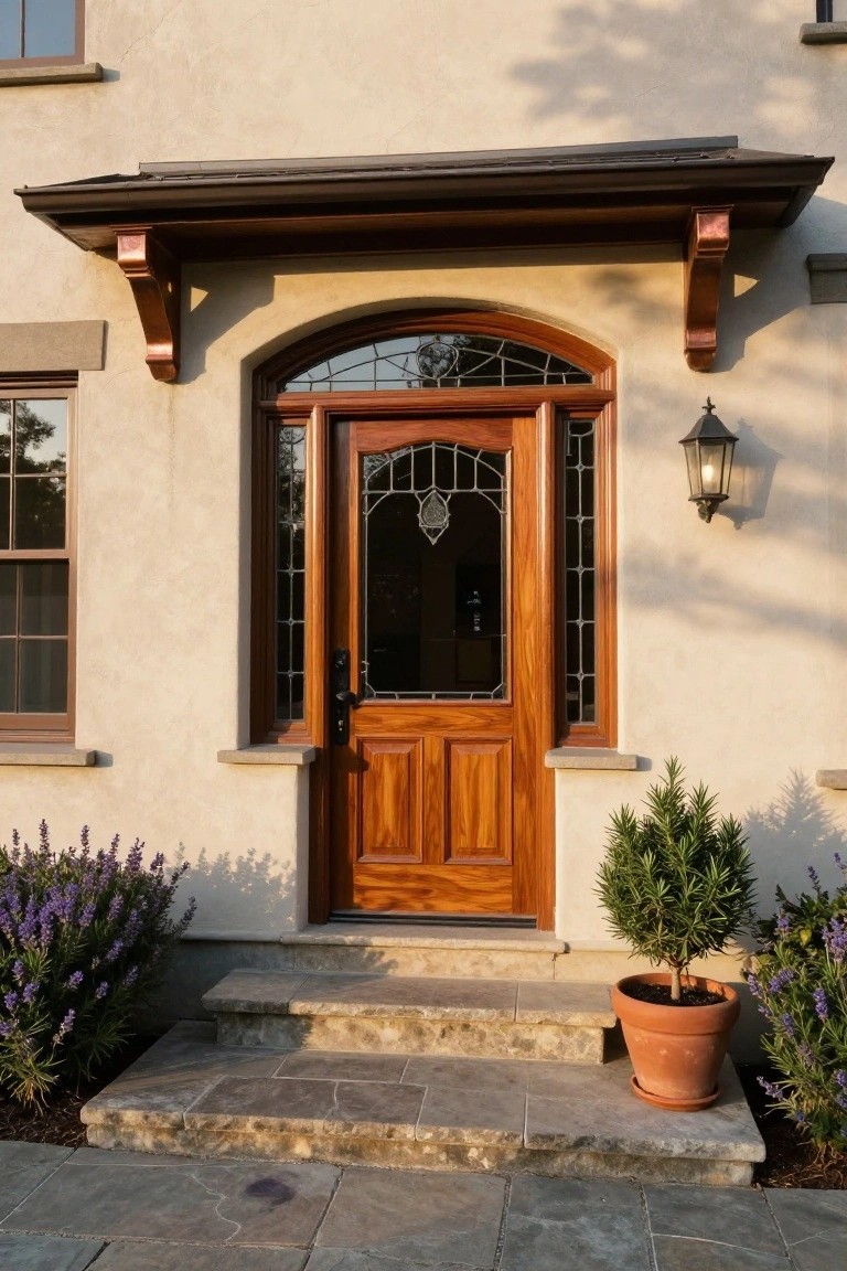 Beige stucco house facade featuring a wooden front door with arched glass transom and sidelights, copper porch brackets, wall lantern, lavender shrubs, potted rosemary plant, and stone steps.