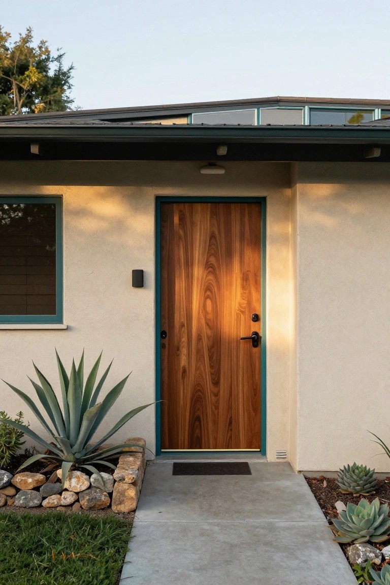 Beige stucco house front with a vertical-grain walnut wood door in a teal frame, black door hardware, adjacent teal window, agave plant in rock-bordered bed, and concrete entry path.