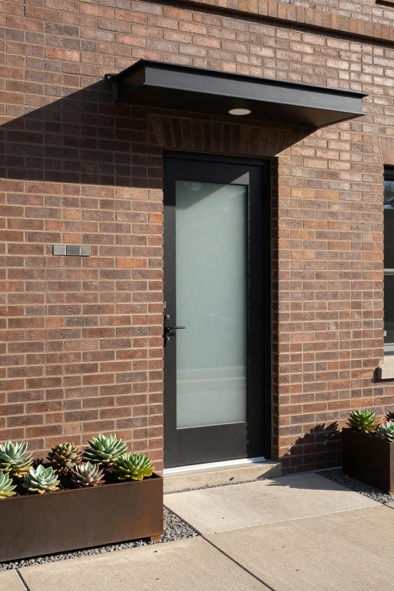 Brown brick house exterior with black metal awning over a black-framed frosted glass front door, metal planters filled with succulents on both sides, and gravel ground cover.