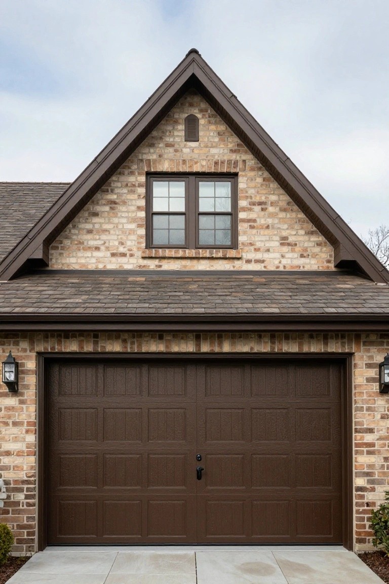 Brown brick house exterior featuring a two-car dark brown paneled garage door, flanked by wall lanterns, with a gabled roofline above and concrete driveway in front.