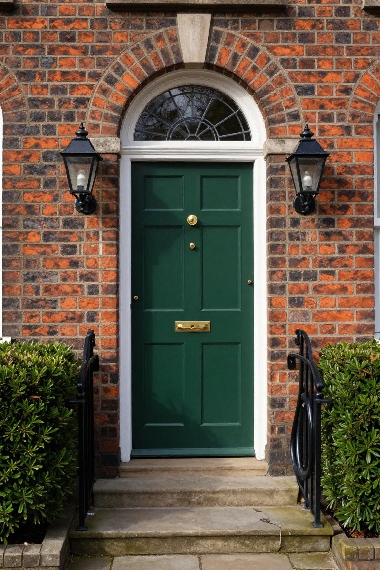 A dark green front door on a brown brick house facade with an arched fanlight window above, flanked by black lanterns, brass knocker, and boxwood shrubs with black iron railings.