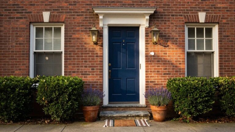 12 Front Door Colors With Brown Brick Ideas Brown brick house front with navy blue six-panel door, white columns, brass lanterns, lavender pots on stone steps, boxwood shrubs, and woven doormat.