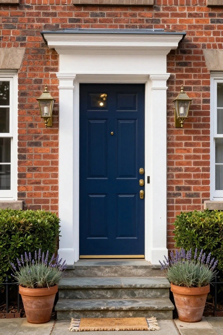 Brown brick house front with navy blue six-panel door, white columns, brass lanterns, lavender pots on stone steps, boxwood shrubs, and woven doormat.