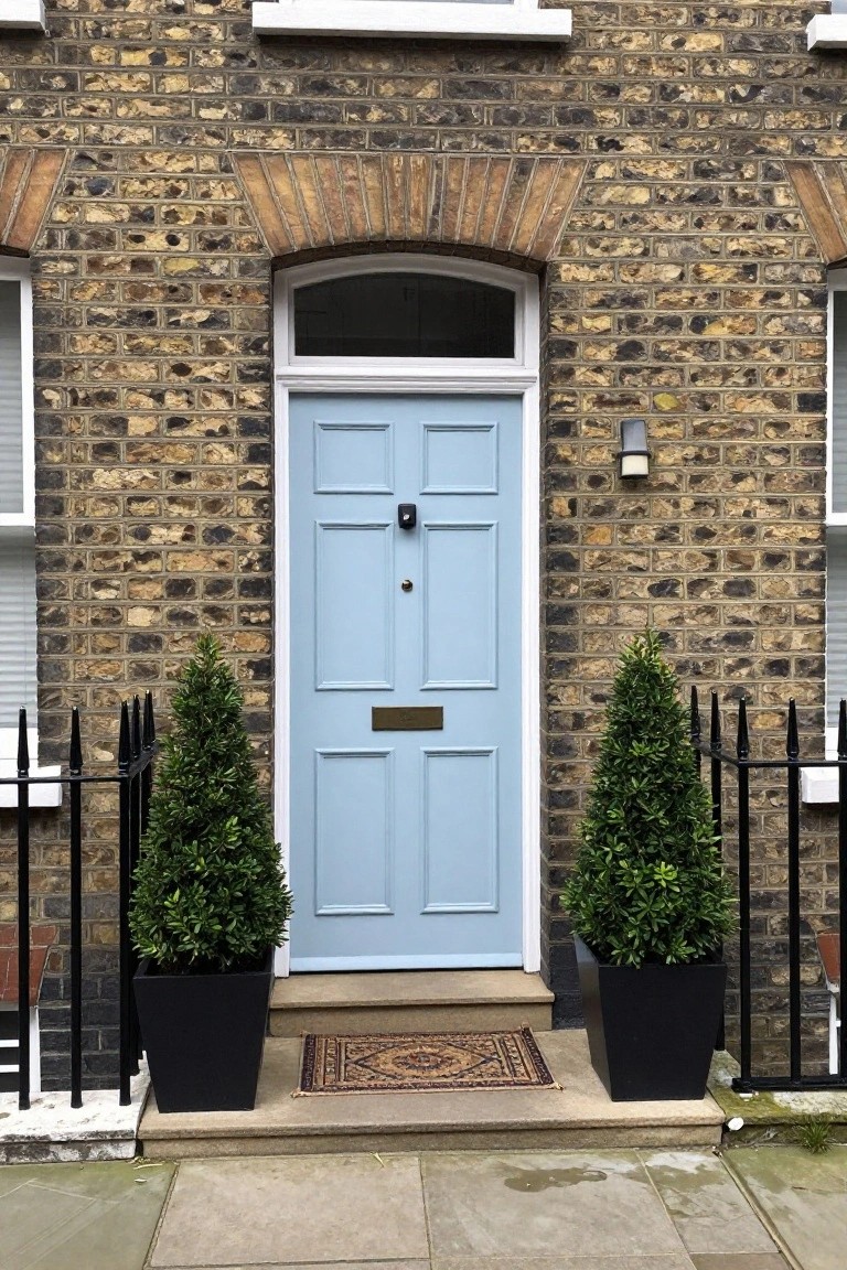 Brown brick terraced house exterior with a light blue paneled front door, brass knocker and letterbox, flanked by two black pots with topiary plants, black metal railings, wall light, and patterned doormat on stone steps.
