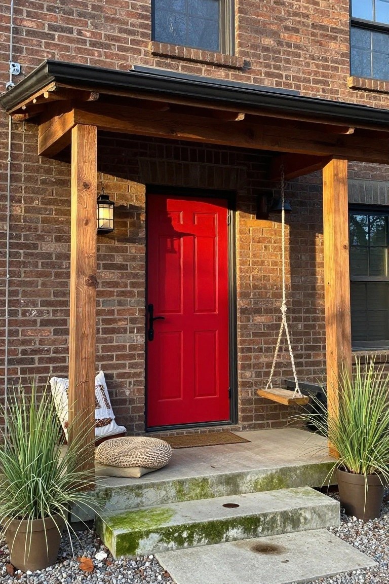 Brown brick house facade with wooden porch posts, red front door, hanging lanterns, porch swing, potted grasses, woven pillows, and concrete steps on gravel ground.