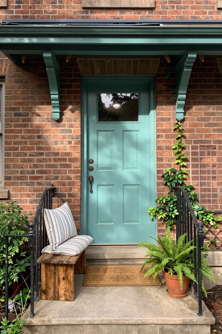 Teal paneled front door on brown brick house exterior with green trim, ivy vines, wooden bench with striped cushion, potted fern, and welcome mat on steps.