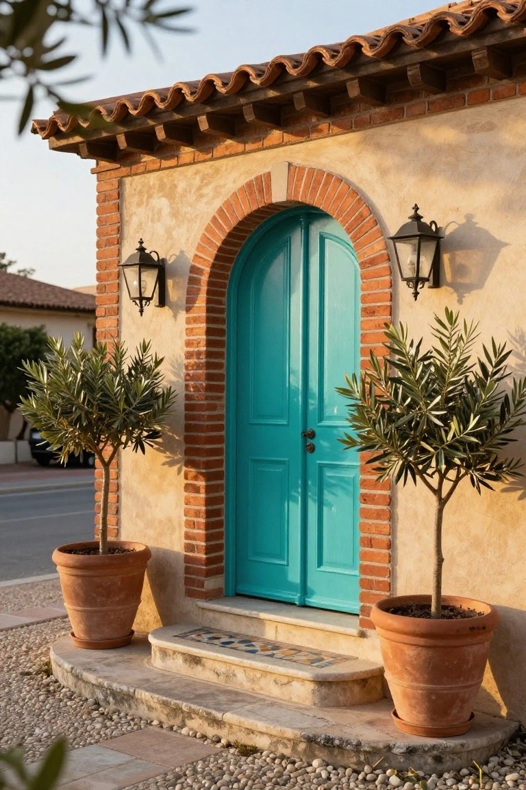 Turquoise arched double front door on a brown brick and stucco house exterior, flanked by black lanterns and potted olive trees in terracotta pots, with tiled steps and gravel path.