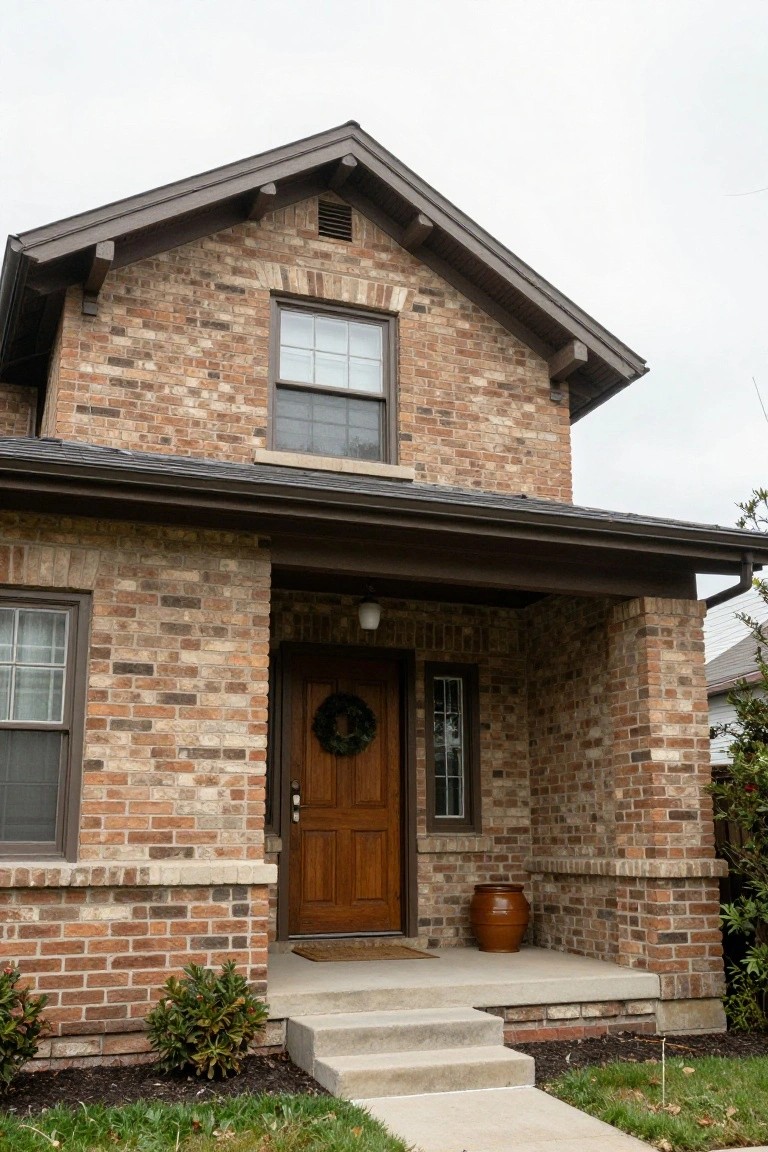 Front exterior of a two-story brown brick house with gabled roof, covered porch, dark wooden double front door with wreath, side lights, windows, large terracotta pot on porch, and low shrubs by steps.