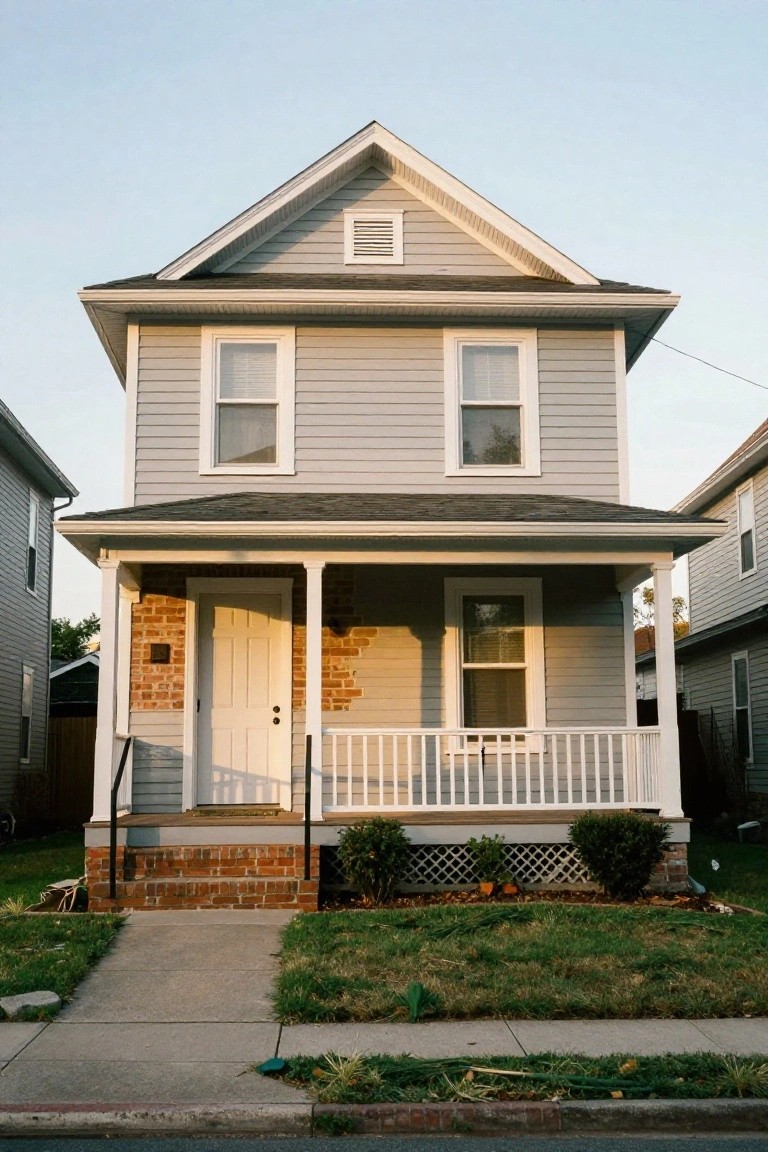 Gray clapboard two-story house with gabled roof, white front door next to brown brick accents, covered porch with white railing, shrubs, grass lawn, concrete sidewalk, and street view.