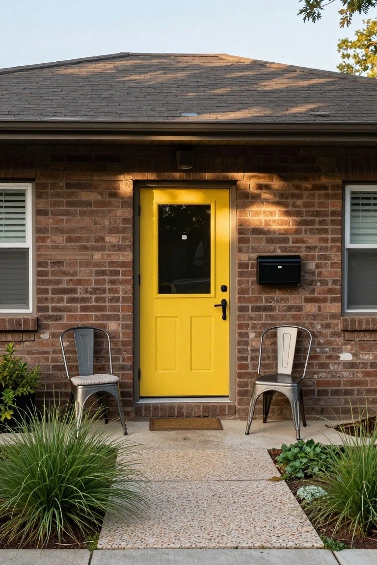 Brown brick house exterior with yellow glass-paneled front door, black mailbox mounted on wall, two gray metal chairs flanking the entry, potted plants and grass nearby, and pebbled concrete pathway.