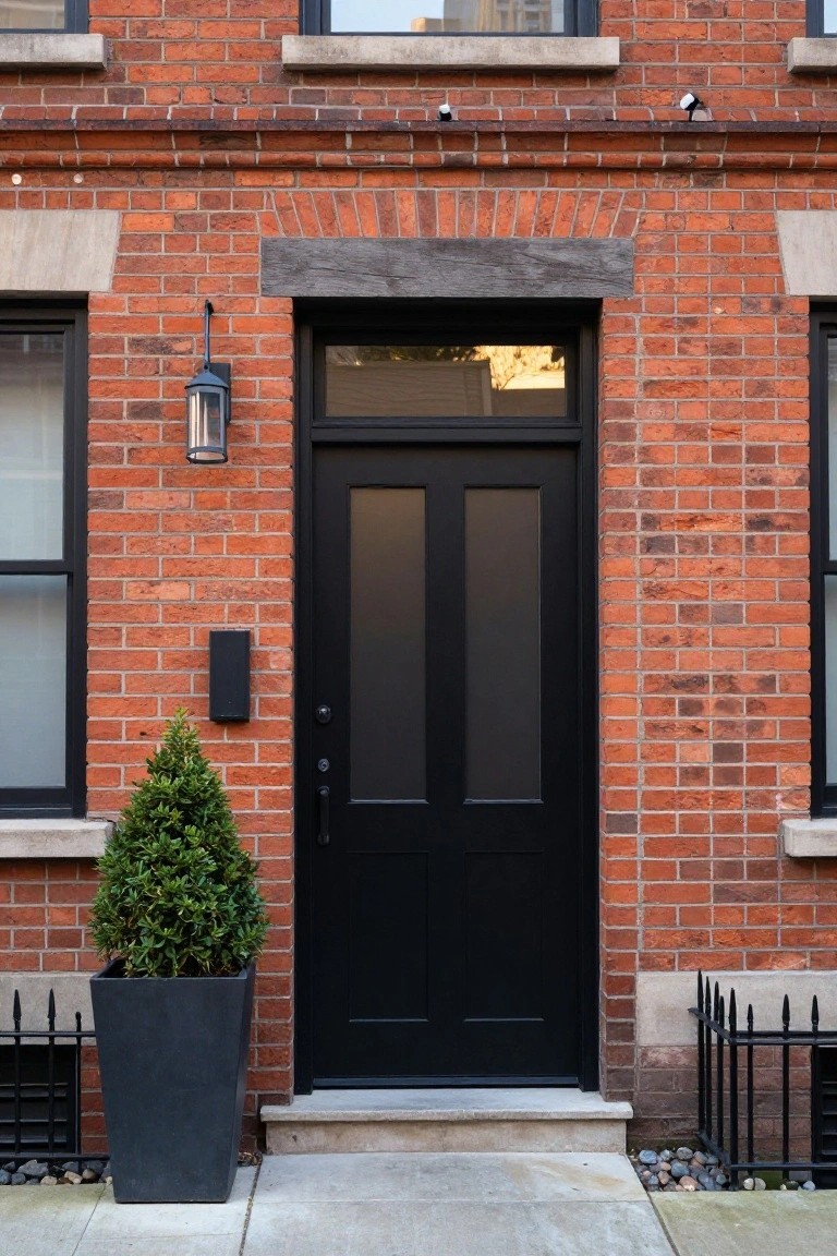 Red brick townhouse facade with centered matte black double front door, black wall lantern, slim black intercom box, potted topiary plant in black container, and black iron railings at the base.