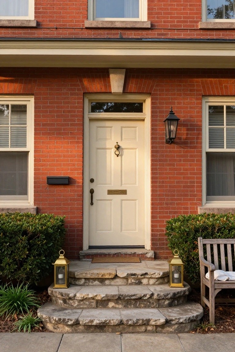 Red brick house facade with a cream front door, brass knocker and handle, black lantern on the wall, gold lanterns on stone steps, boxwood shrubs, and wooden bench beside the entry.