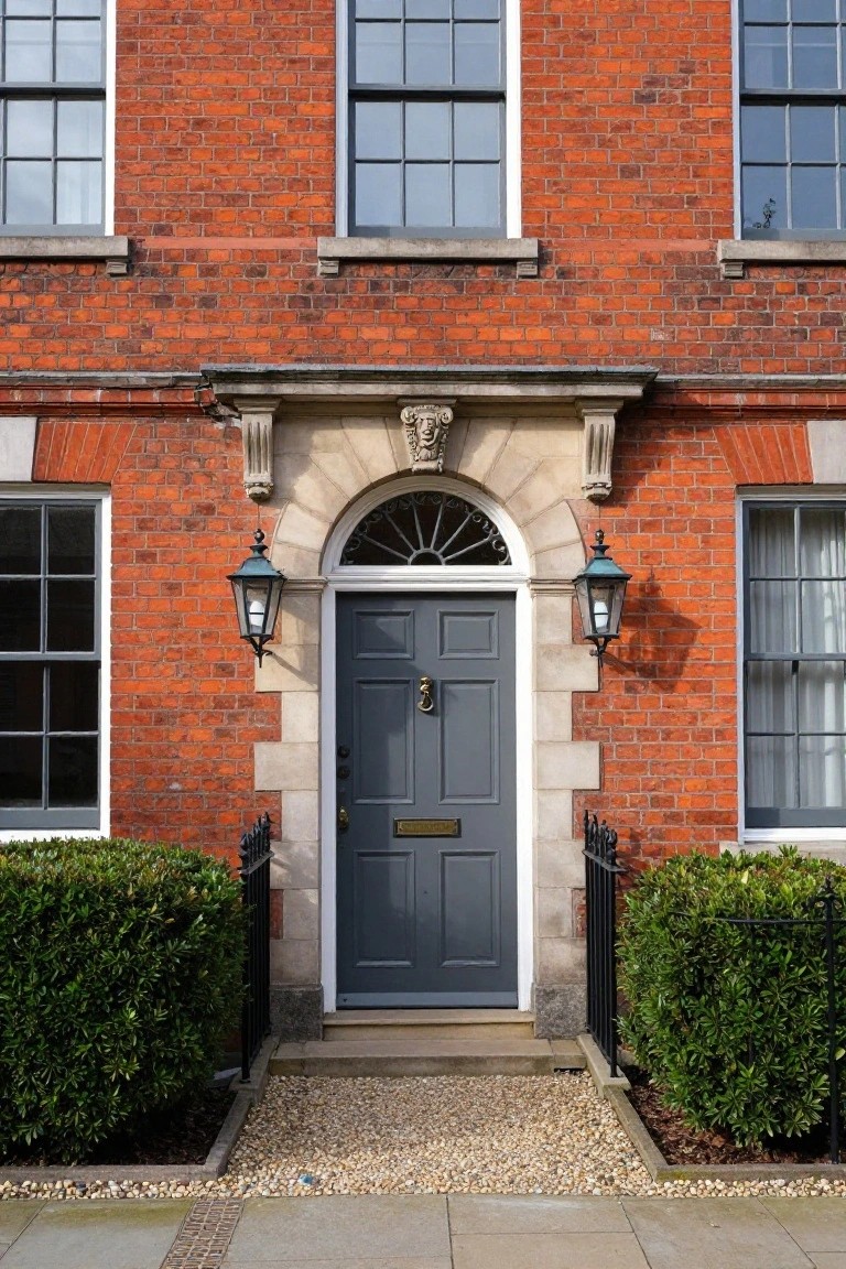 Red brick townhouse facade featuring a dark gray front door under a stone archway, flanked by lanterns and low evergreen shrubs, with a gravel path leading to the entrance.