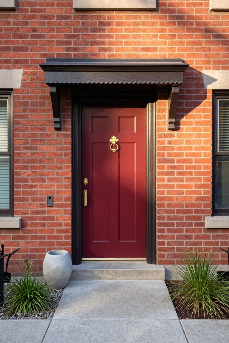 Red brick house facade with a dark red wood front door, gold knocker and handle, black trim and awning, flanked by windows and small potted plants on a concrete stoop.
