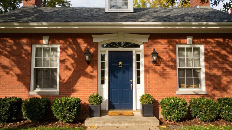 Red brick house facade featuring a navy blue front door with brass lion head knocker and doorknob, white fanlight window above, black lanterns on either side, blue pots with topiary plants, and a brick stoop with welcome mat.