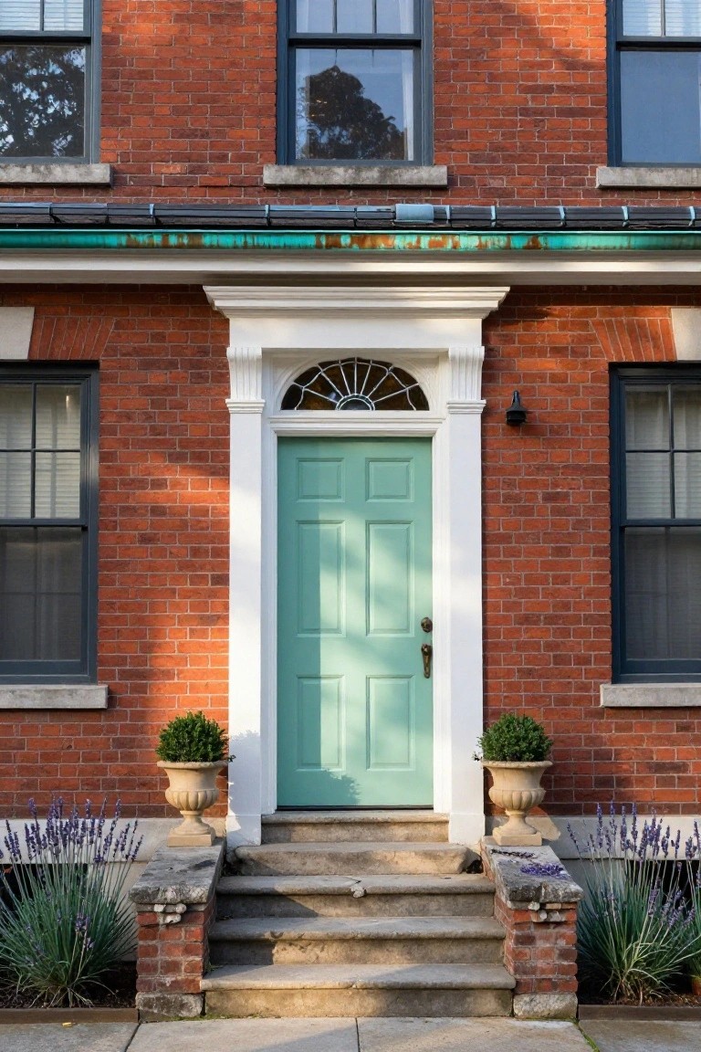 Red brick townhouse exterior featuring a light green paneled front door with fanlight window, white trim and columns, flanked by potted boxwood topiaries and lavender plants on stone steps.