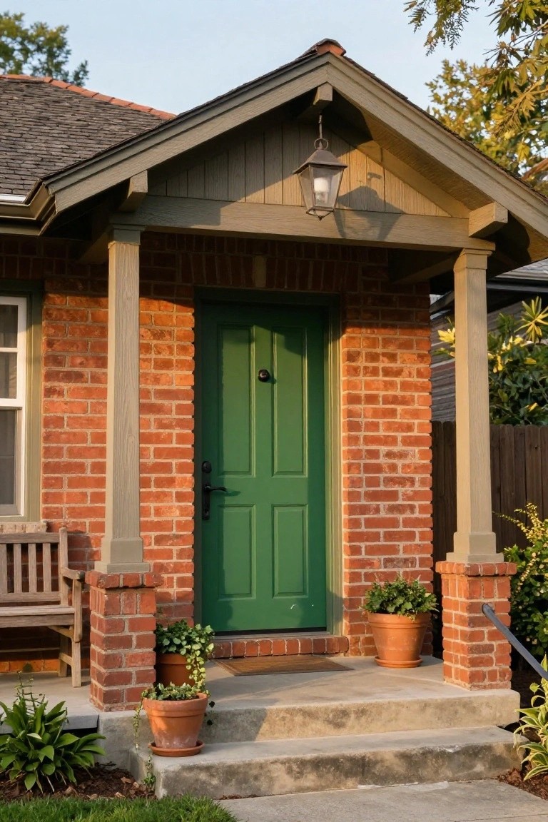 Red brick Craftsman-style house with green front door, wooden porch supported by columns, potted plants on steps and bench beside entry.