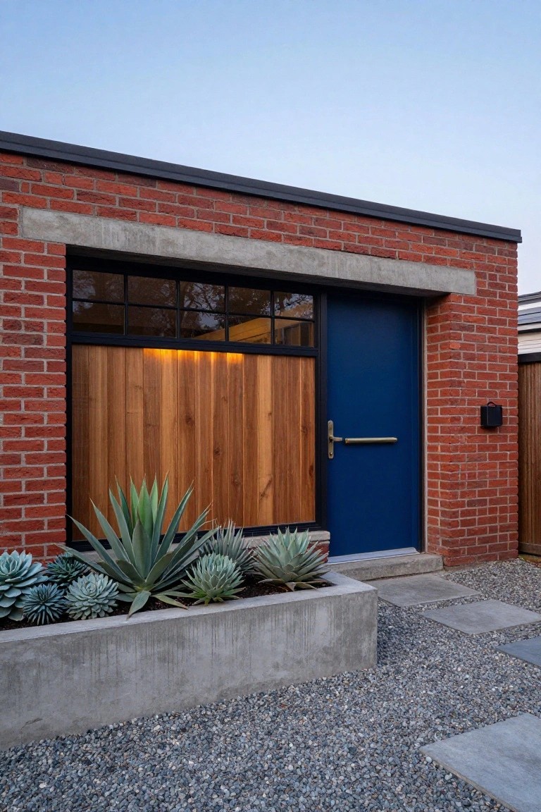 Red brick house exterior with navy blue front door, adjacent wooden siding panel and large black-framed window, concrete planter of agave plants, gravel ground, and concrete pavers.