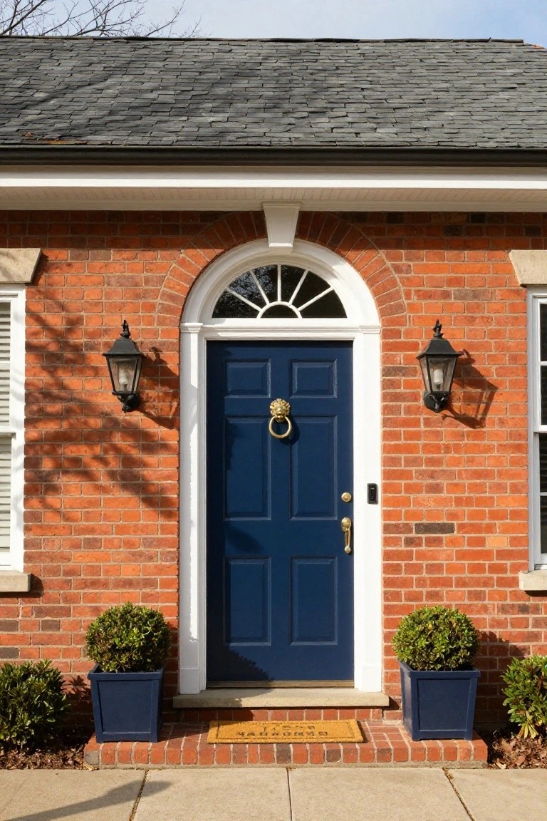 Red brick house facade featuring a navy blue front door with brass lion head knocker and doorknob, white fanlight window above, black lanterns on either side, blue pots with topiary plants, and a brick stoop with welcome mat.