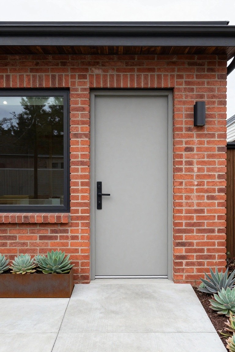 Gray front door with black handle set in red brick wall next to a large dark-framed window, black wall light, corten steel planter with agave plants, and concrete path.