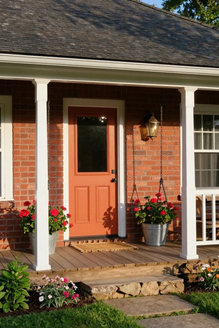 Red brick house exterior with white porch columns supporting the roof, orange paneled front door with glass panel, brass lantern light, red geraniums in metal hanging baskets and galvanized buckets, wooden porch floor, and stone steps with plants nearby.