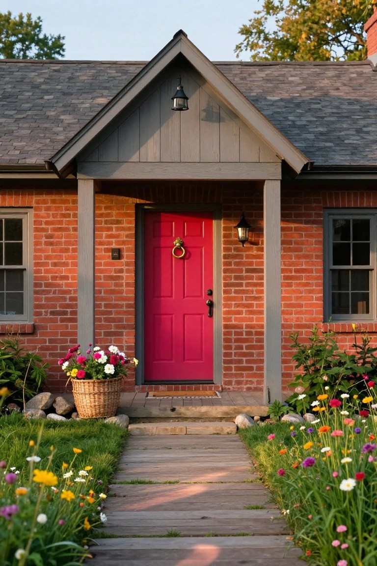Red brick house facade with centered bright pink paneled front door under gabled gray porch with lanterns, flanked by windows, flower basket nearby, and stone path through colorful garden bed.