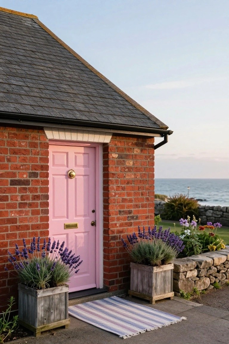 Red brick house corner with pastel pink front door, gold knocker and letterbox, flanked by two wooden planters filled with lavender, striped doormat at the step, stone wall and sea view beyond.
