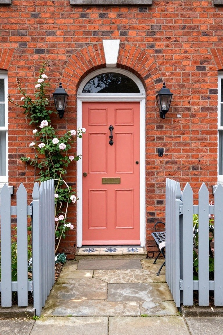 Red brick house facade with arched doorway, pink paneled front door, brass knocker and letterbox, black lanterns flanking the entry, climbing pink roses on the wall, and gray picket fence gate on stone path.