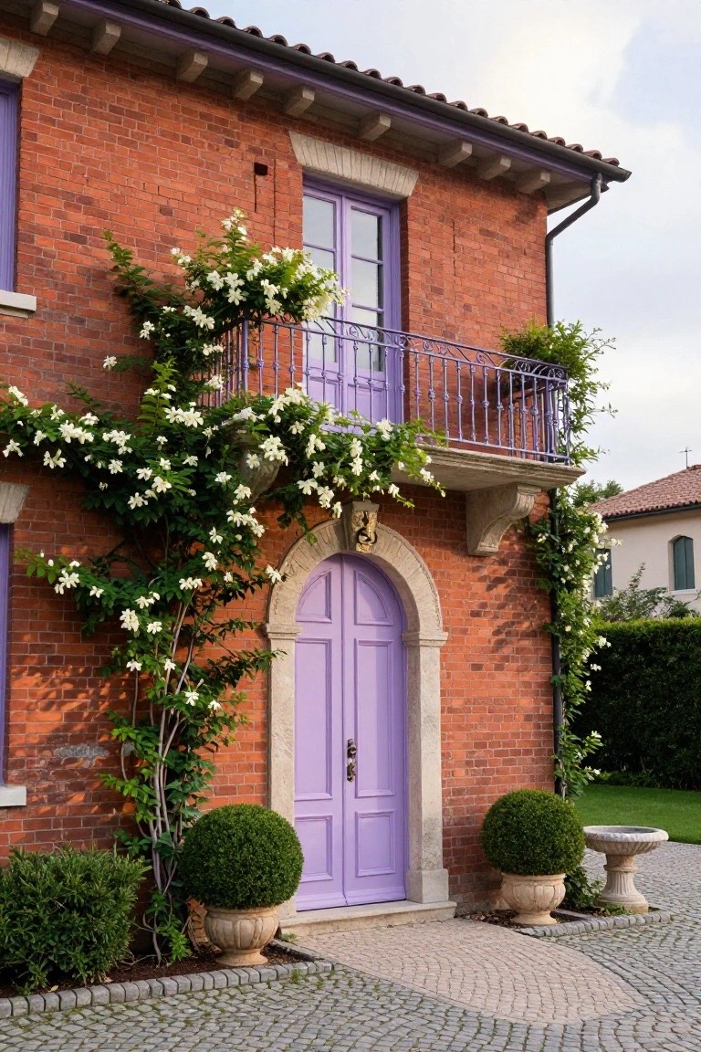 Red brick house facade featuring a purple arched front door, purple balcony with white flowering vines, potted topiary shrubs flanking the entry, and a cobblestone driveway.