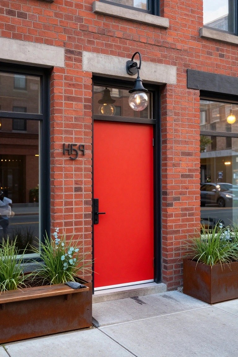 Red front door labeled H59 on a red brick facade with black-framed windows, a black wall lantern, and corten steel planters containing grasses flanking the entry.
