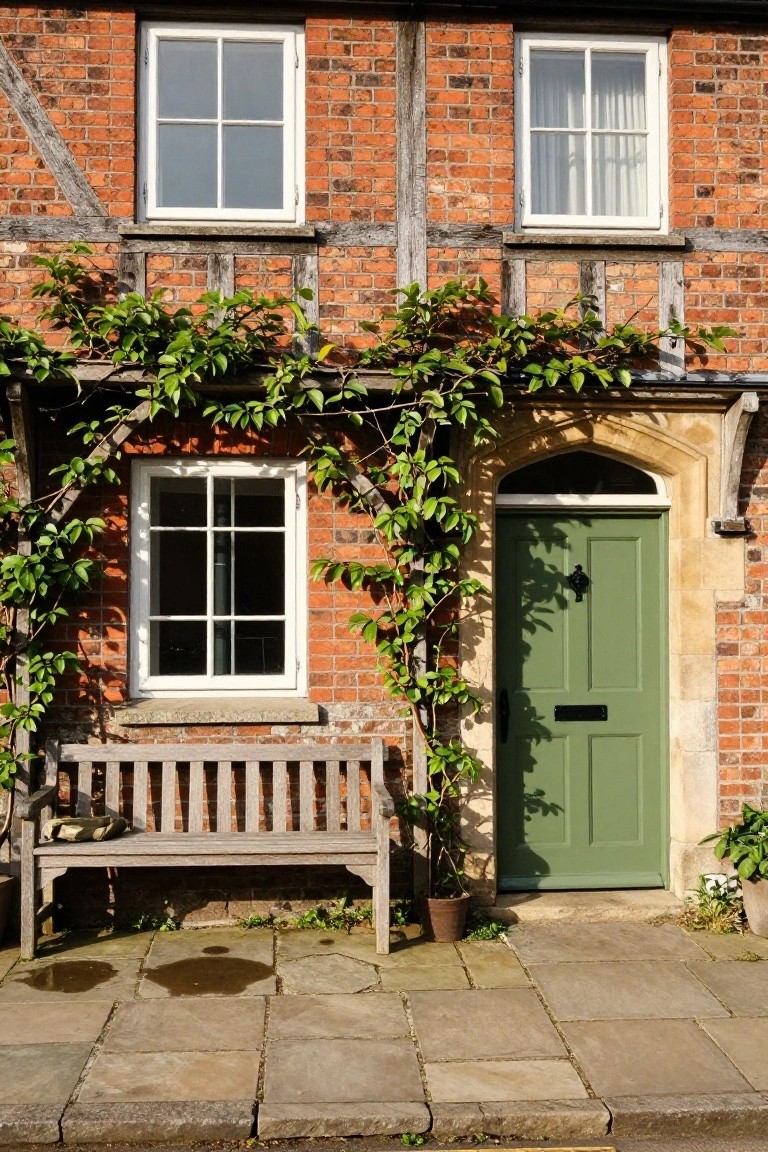 Red brick house with half-timbered details, sage green front door, white-framed windows covered in climbing vines, wooden bench, potted plants, and stone paving in front.