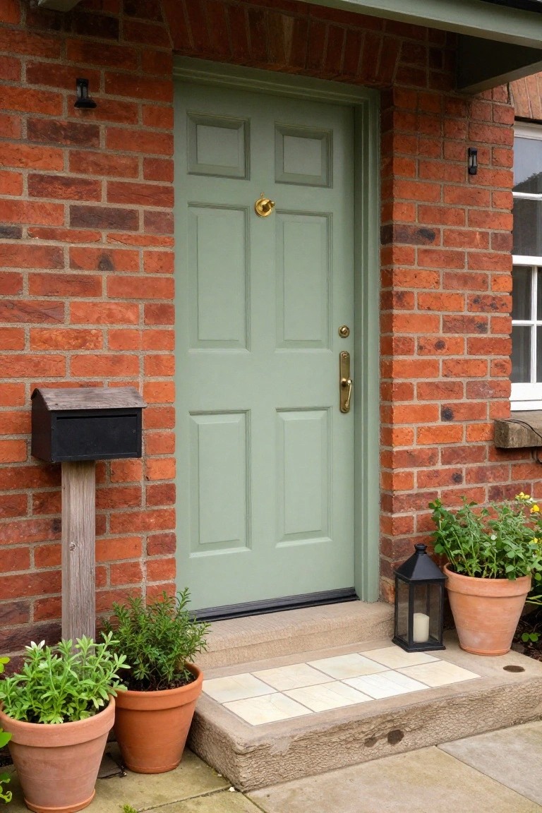 Red brick house facade with a pale green paneled front door, gold knocker and handle, black mailbox on a wooden post, potted plants in terracotta pots, and lanterns flanking the tiled entry steps.
