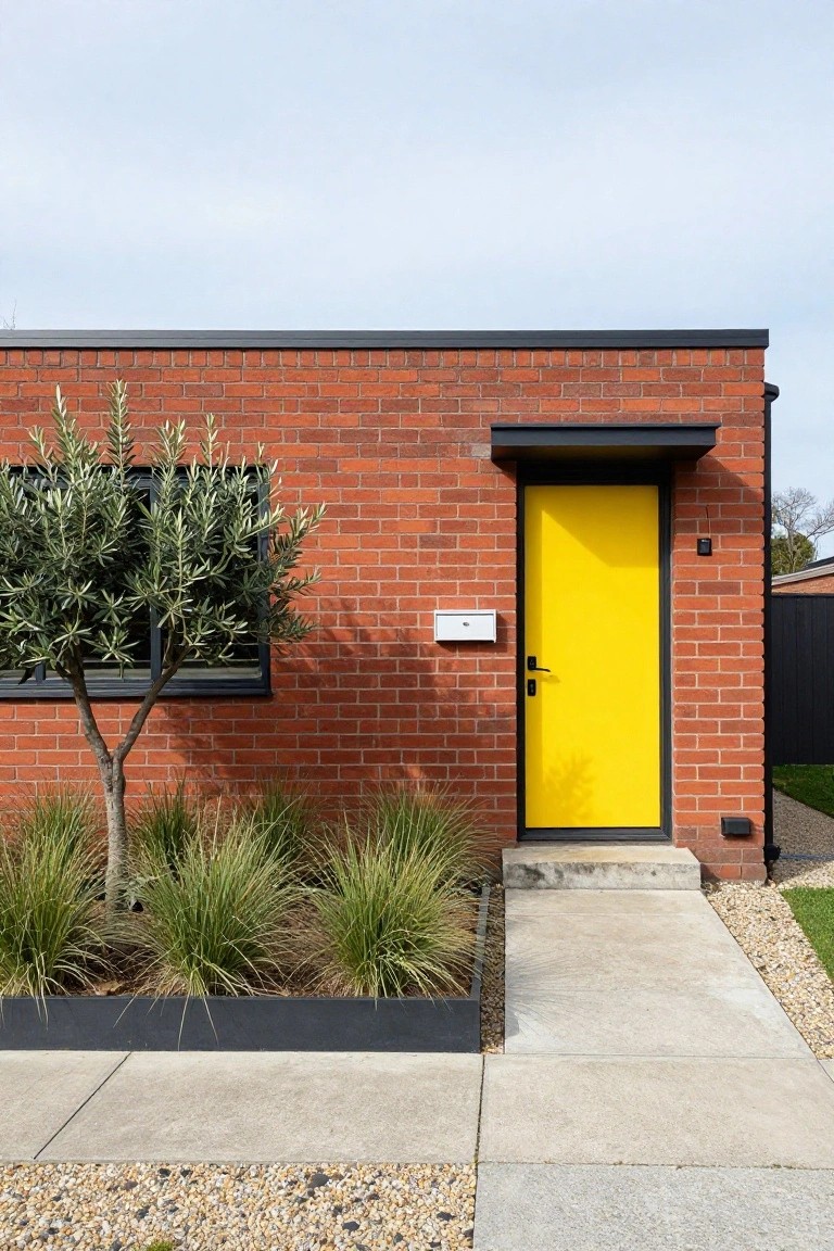 Red brick house facade with yellow front door under black awning, black-framed window next to olive tree, grasses in black-edged bed, and concrete path with gravel accents.