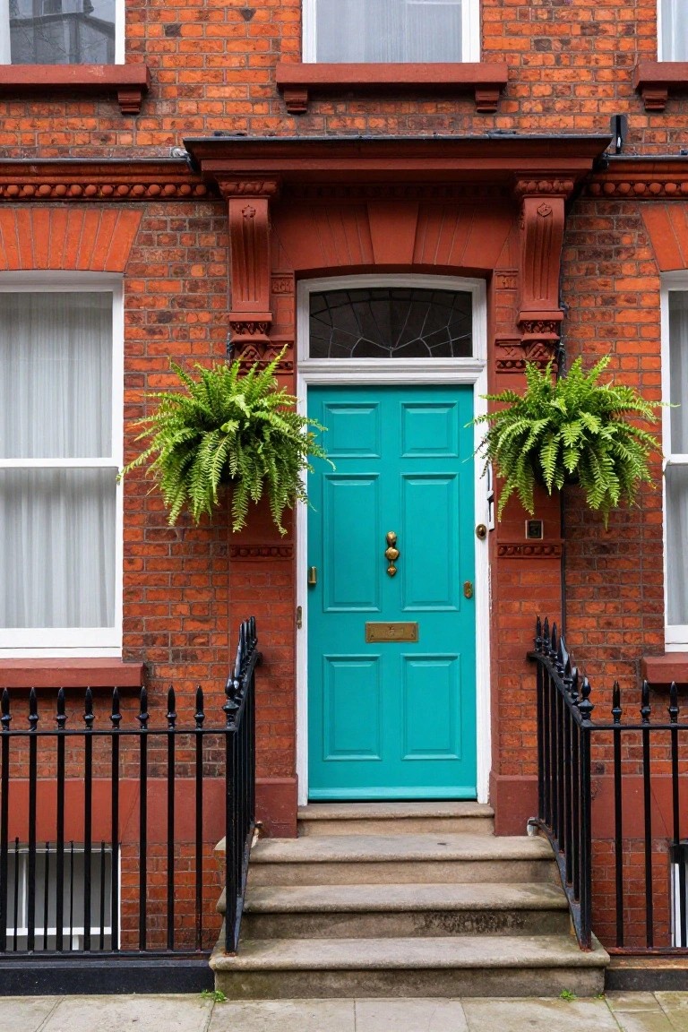 Red brick townhouse exterior with turquoise double front door, gold knocker and letterbox, flanked by two hanging fern plants, black wrought iron railing, and stone steps.