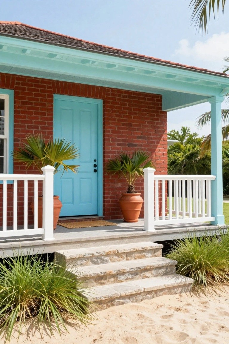 Red brick house exterior with turquoise front door on a porch supported by white railings and columns, flanked by potted palm plants and terracotta pots, stone steps leading down to sandy ground with beach grass and palm trees in the background.
