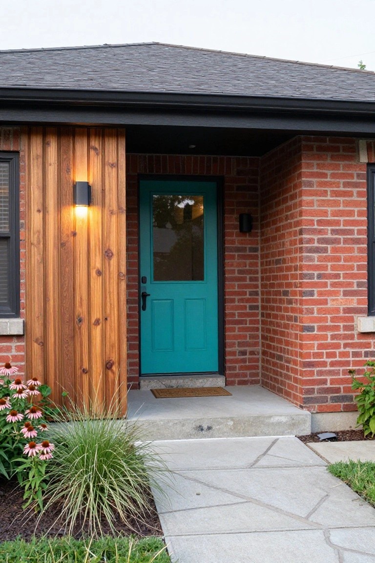 Red brick house exterior with turquoise paneled front door, cedar wood siding on left, black wall-mounted lights, concrete steps, doormat, and landscaping with coneflowers and ornamental grass.