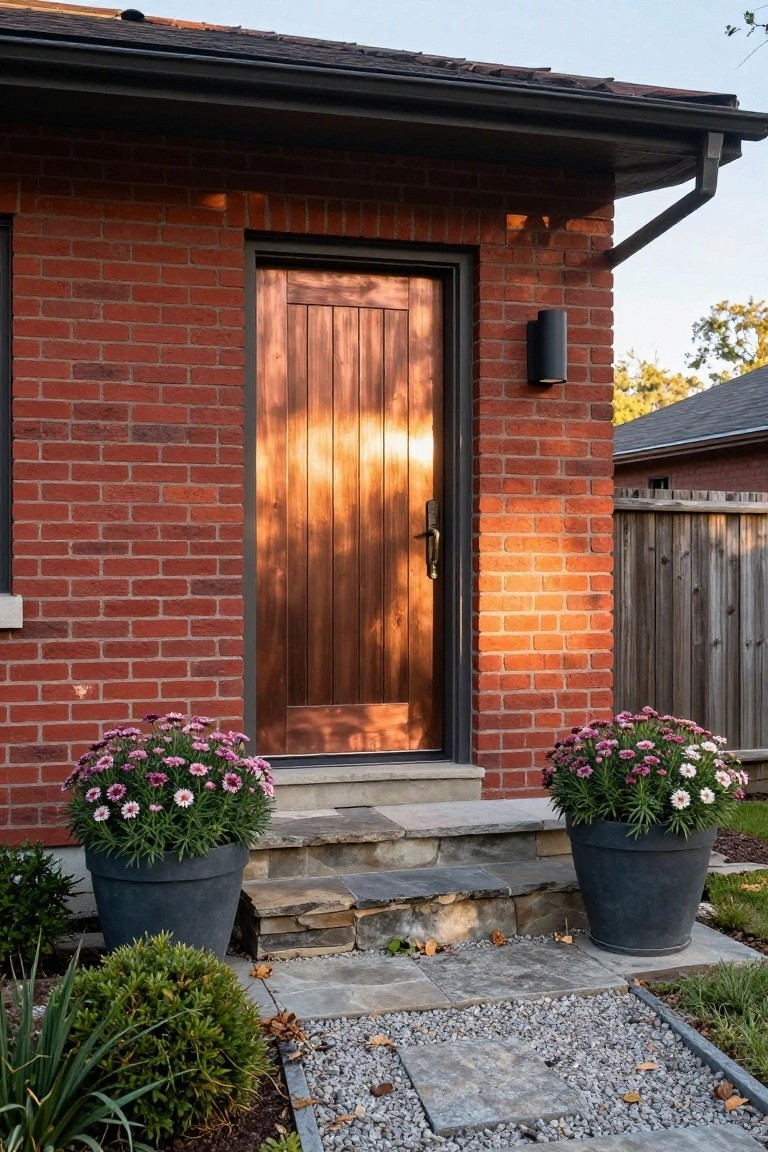 Wooden front door with brick wall, flanked by planters and stone steps.