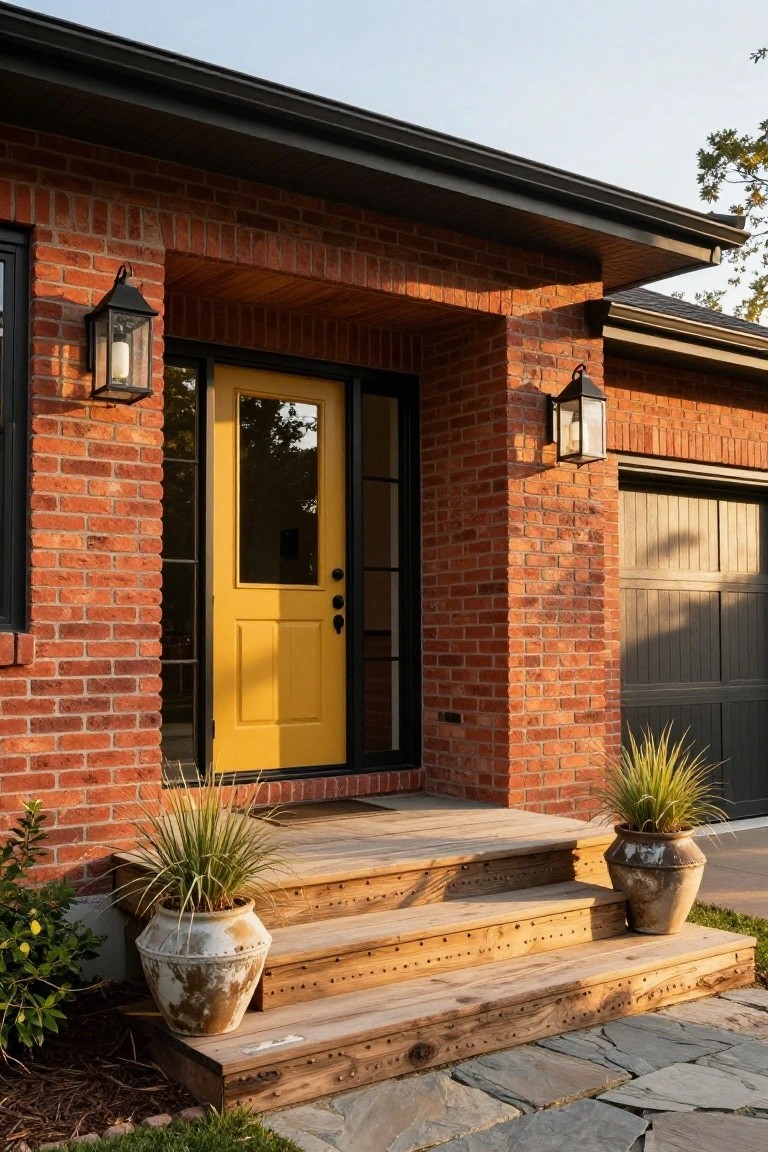Red brick house exterior featuring a bright yellow wood front door with glass panels, flanked by black lanterns, wooden entry steps with potted plants, and an adjacent garage door.