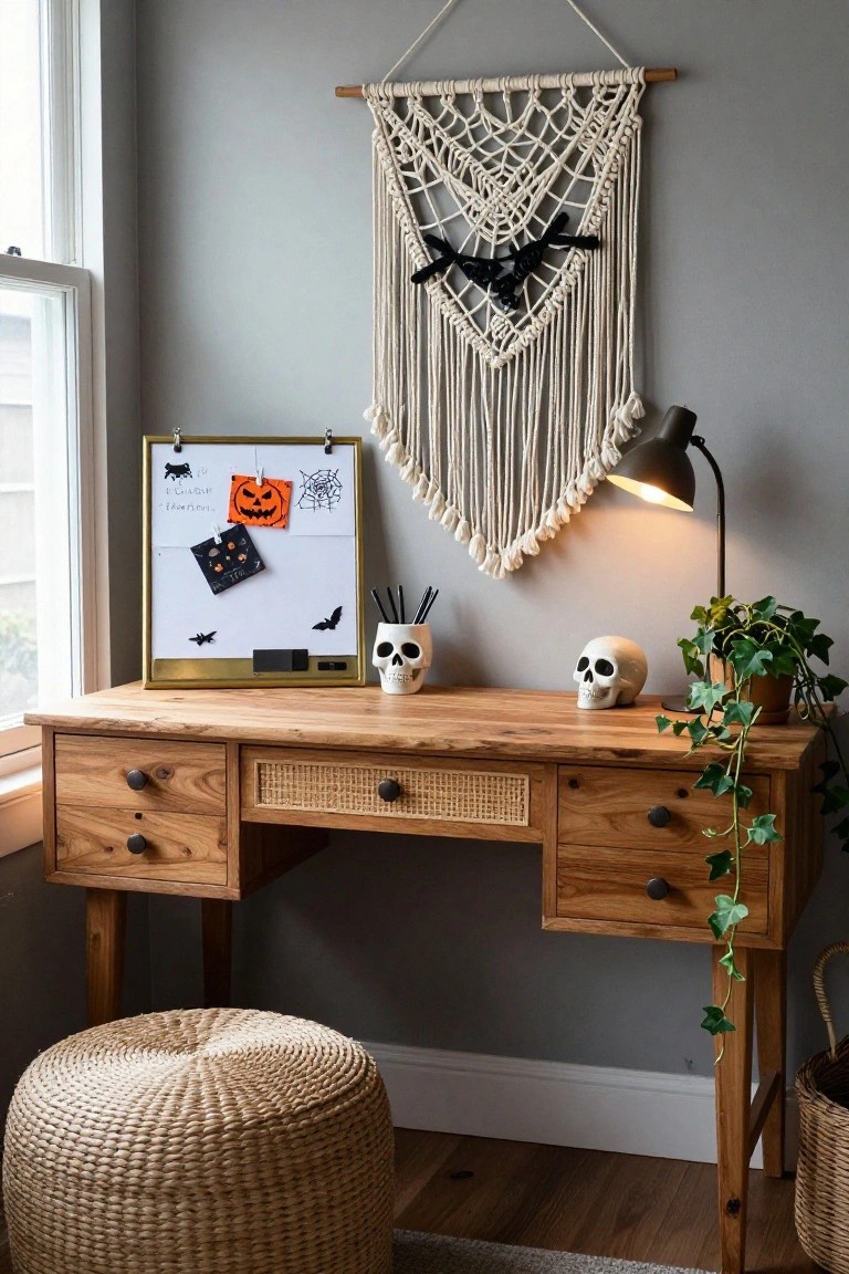 Wooden desk with rattan drawer fronts in a gray room, decorated with two white skulls, magnetic board showing Halloween drawings and magnets, macrame bat wall hanging, desk lamp, ivy plant, and woven stool.