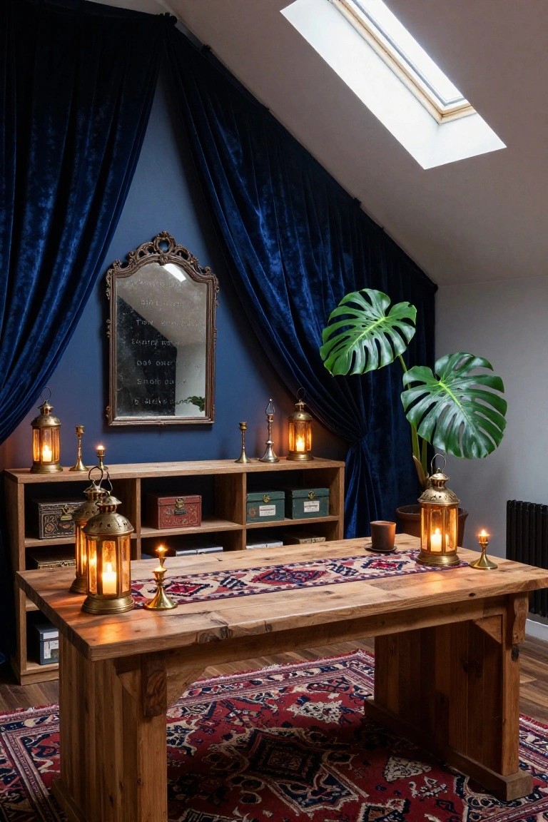 Attic office with dark blue velvet curtains, ornate mirror with etched spooky text, wooden desk on Persian rug, brass lanterns and candles, monstera plant, and shelves with boxes.
