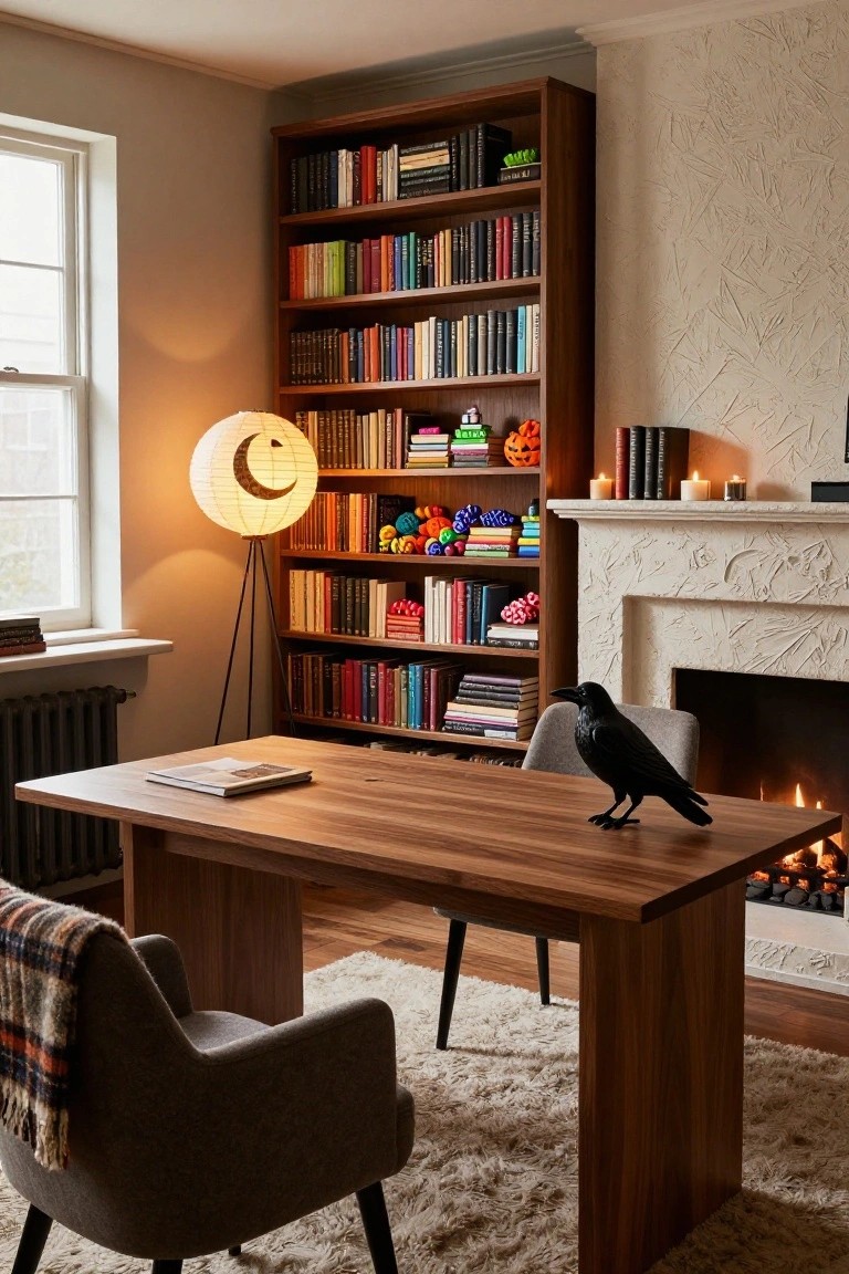 Wooden desk in a book-filled office with a black crow statue on top, gray armchair nearby, tall bookshelves, paper lamp, and lit fireplace.