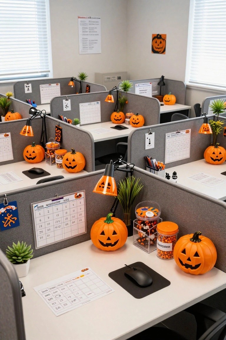 Office cubicles decorated with multiple orange jack-o-lantern pumpkins on desks and edges, orange lamps, potted plants, calendars, candy jars, and Halloween artwork on walls.