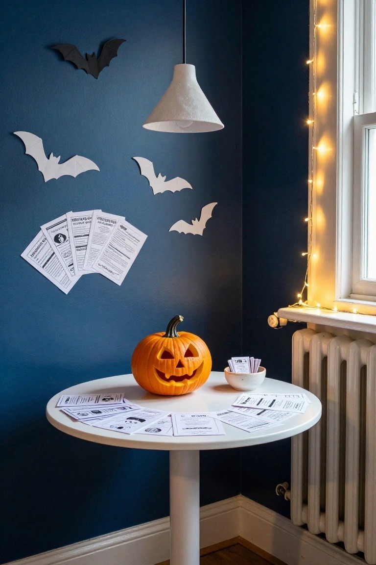 Navy blue corner room with Halloween decorations including multiple paper bats on walls, white pendant lamp, string lights along window, carved jack-o-lantern pumpkin on small white round pedestal table with stacks of printed white papers nearby, and white radiator.