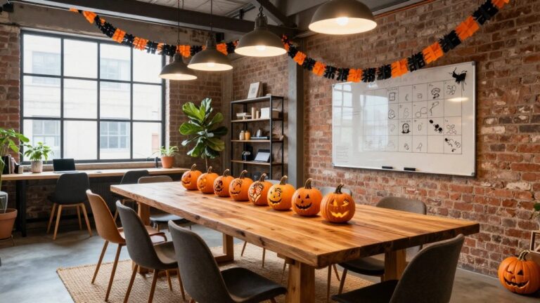 Industrial office room with brick walls, wooden conference table centered with four orange carved pumpkins, black and orange Halloween garlands hanging from ceiling, whiteboard calendar on wall, potted plants, and large windows.