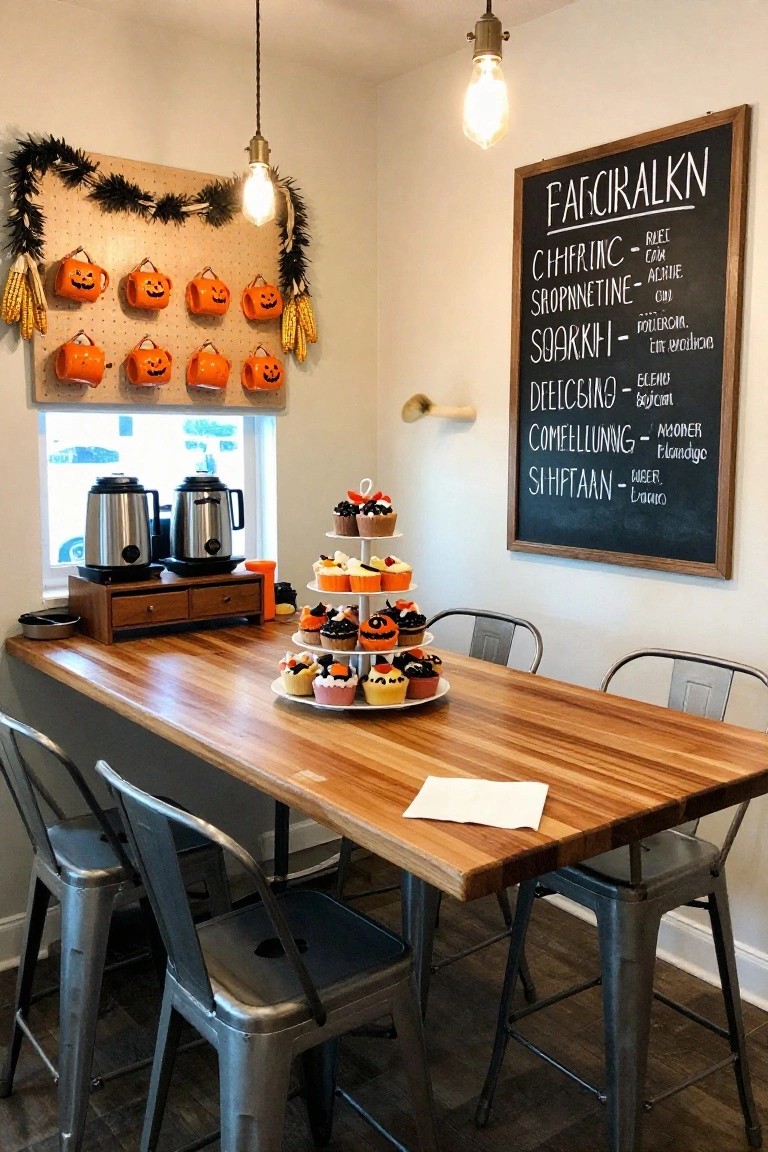 Office break room with Halloween decorations including a wooden table centered with a tiered stand of orange cupcakes, metal stools, coffee urns by a window, pegboard wall holding orange pumpkin mugs, black garland, and a chalkboard menu.