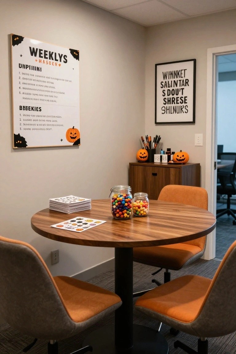 Modern office meeting room with round wooden table holding stacked sticker sheets, two glass jars of colorful candies, orange upholstered chairs, Halloween-themed posters on walls, small pumpkins on a cabinet, and pens in a holder.