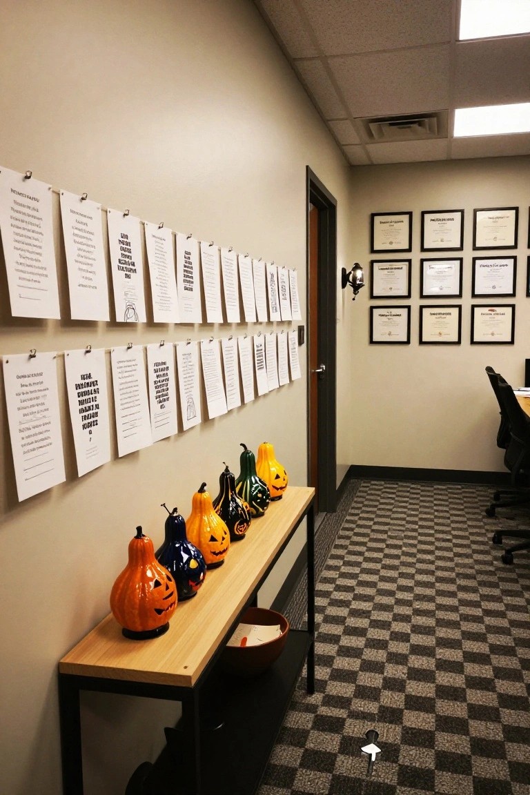 Office hallway with rows of white papers featuring Halloween-themed text clipped to a beige wall, colorful ceramic pumpkins on a wooden console table below, framed diplomas nearby, and office furniture in the background.